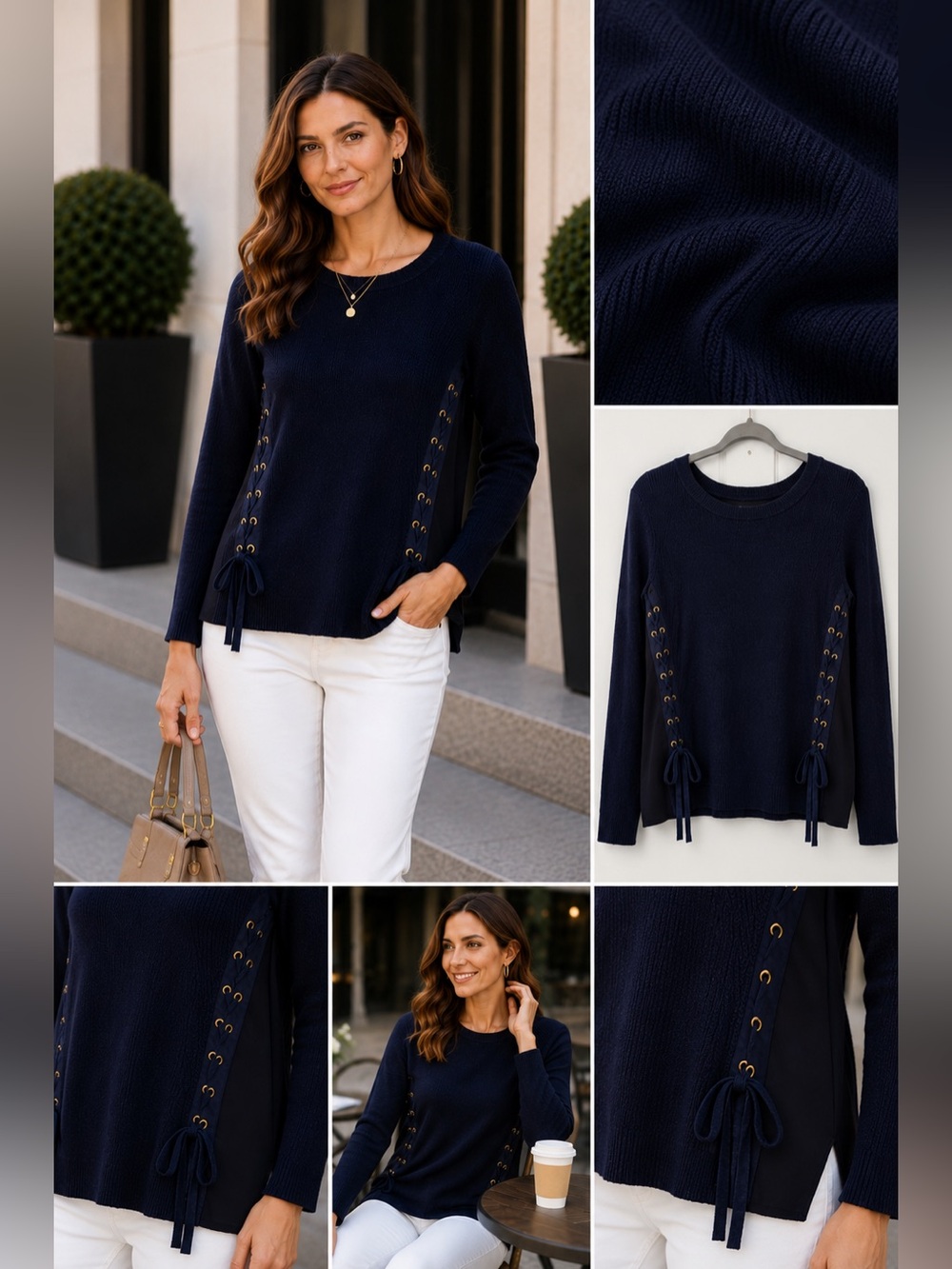 INC International Concepts Navy Lace Up Side Knit Sweater Size M - Picture 2 of 4